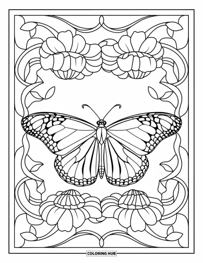 Coloriage orange pour adultes : Un papillon au centre de soucis et de vrilles en vitrail
