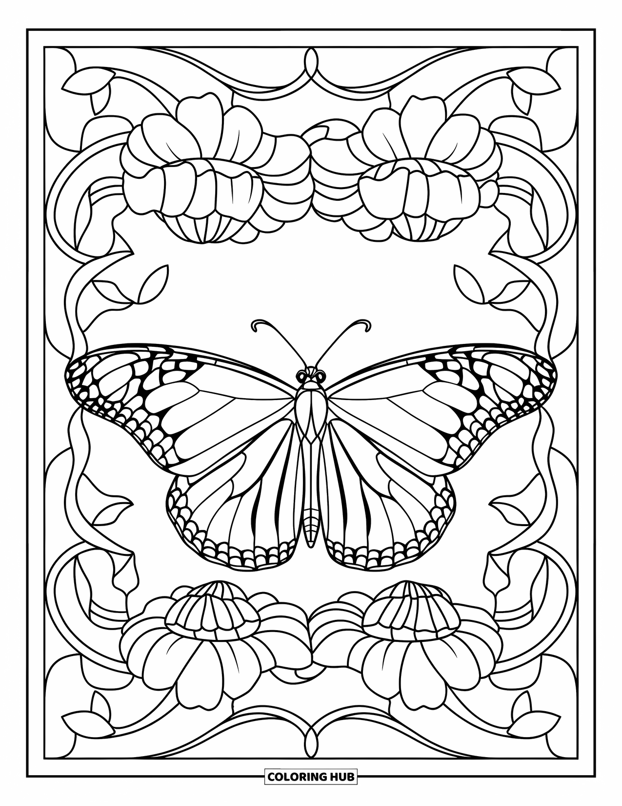 Orange Coloring Page for Adults: A butterfly sits in the center of stained glass marigolds and vines