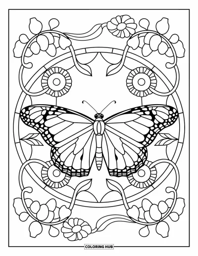 Coloriage orange pour adultes : Un papillon aux ailes déployées repose dans des motifs floraux en vitrail