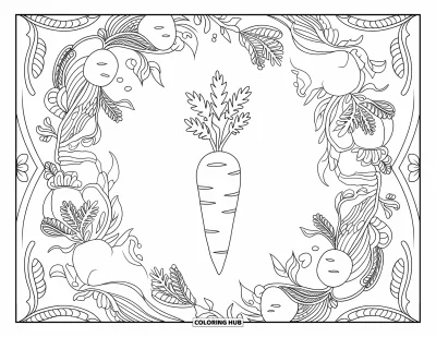 Coloriage orange pour adultes : Une carotte au cœur d'un mandala rempli de légumes et de vrilles