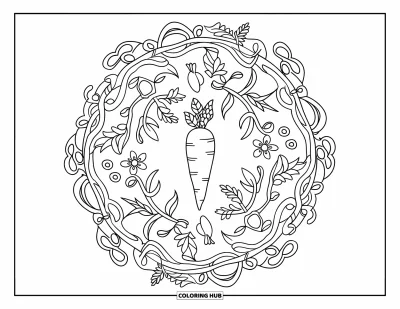 Coloriage orange pour adultes : Une carotte au centre d'un mandala botanique de racines et de fleurs
