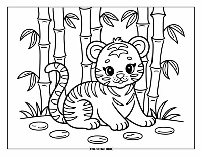 Coloriage orange pour adultes : Un bébé tigre tout doux roulé en boule sous des tiges de bambou et de douces feuilles