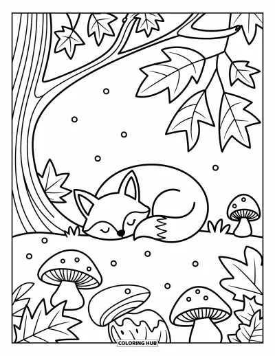 Coloriage orange pour adultes : Un renard roulé en boule se repose sous un arbre avec des feuilles, des champignons et une bûche