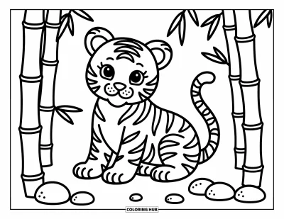 Coloriage orange pour adultes : Un bébé tigre tout mignon est assis tranquillement dans une forêt de bambous avec des feuilles qui s'enroulent