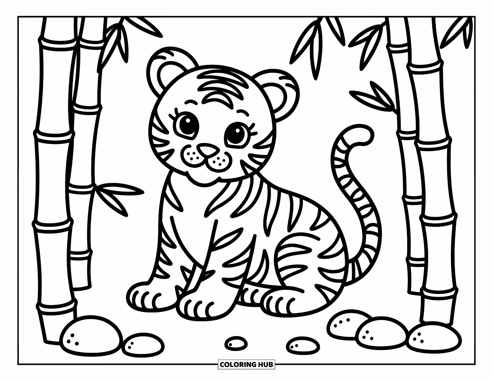 Orange Coloring Page for Adults: A cute tiger cub sits quietly in a bamboo forest with curling leaves