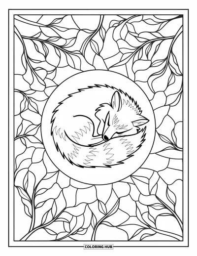 Coloriage orange pour adultes : Un renard roulé en boule dans des feuilles d'automne et des branches en vitrail
