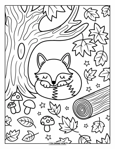 Coloriage orange pour adultes : Un renard se repose paisiblement parmi des feuilles d'automne et des champignons sous un grand érable