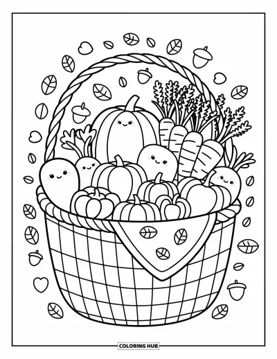 Coloriage orange pour adultes : Un grand panier de récolte rempli de délices orangés avec des feuilles et une serviette imprimée