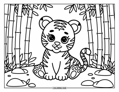 Coloriage orange pour adultes : Un adorable bébé tigre se détend près de bambous, de rochers et de feuilles tombées