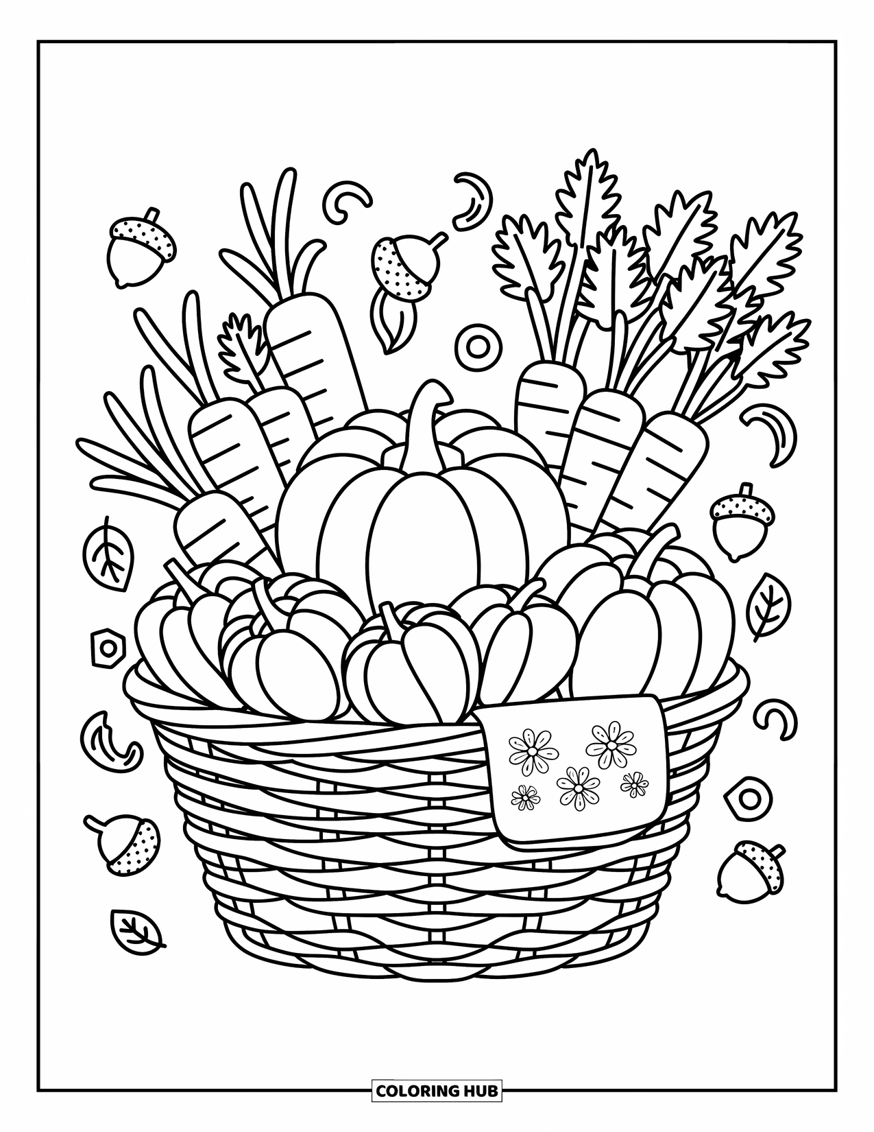 Orange Coloring Page for Adults: A harvest basket overflows with pumpkins, peppers, mandarins, and curly-topped carrots