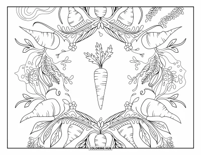 Coloriage orange pour adultes : Une carotte feuillue encadrée par un mandala de racines et de fines vrilles