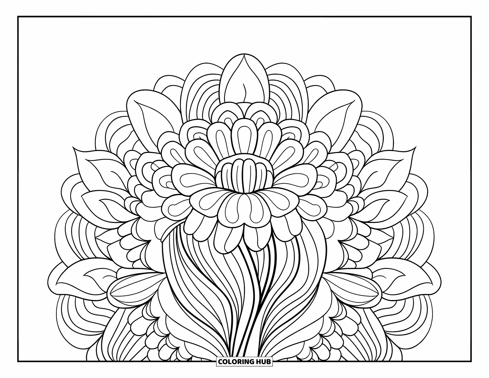 Orange Coloring Page for Adults: A marigold flower blooms outward in a layered, mandala-style pattern