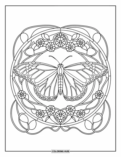 Coloriage orange pour adultes : Un monarque déploie ses ailes dans un motif floral en vitrail