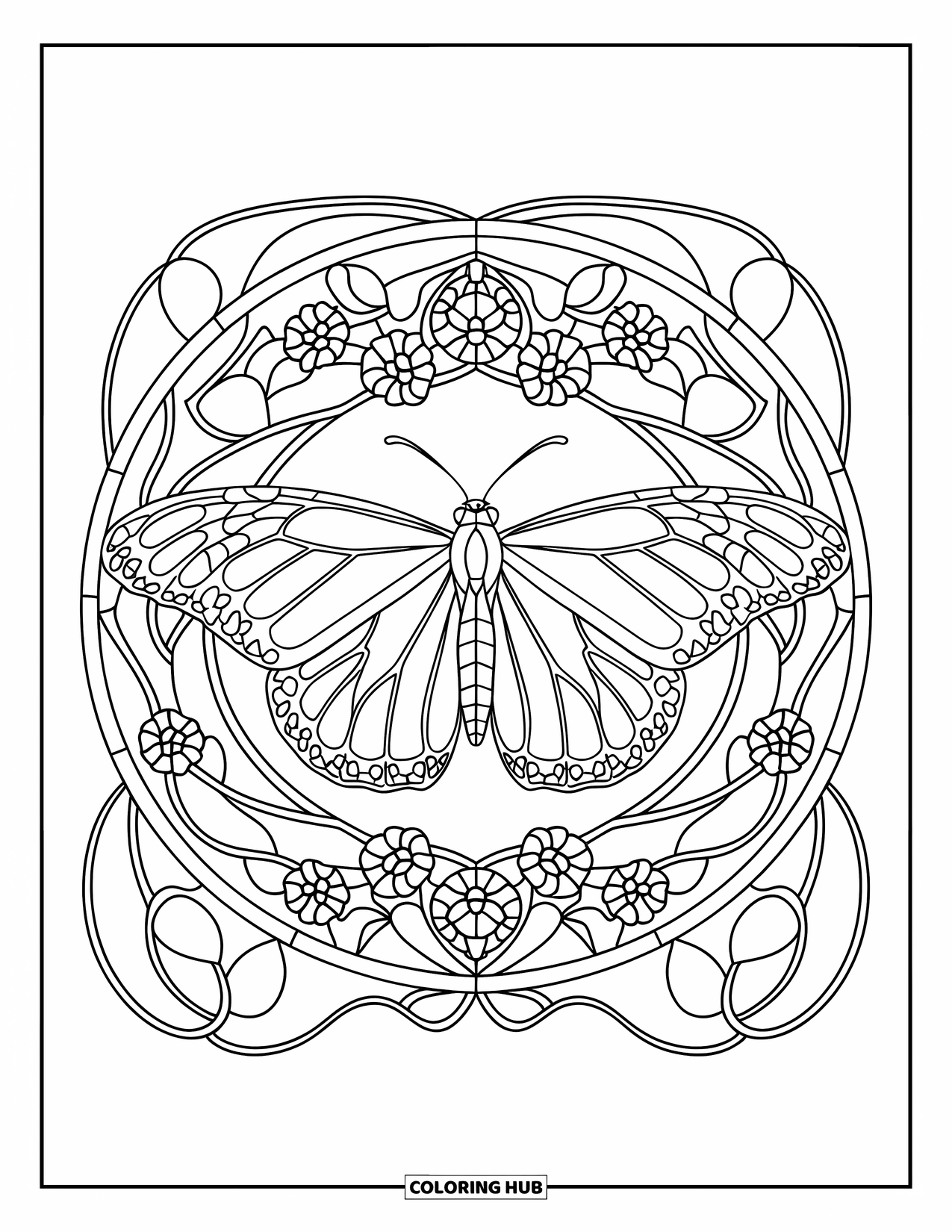 Orange Coloring Page for Adults: A monarch butterfly spreads its wings inside a stained glass floral design