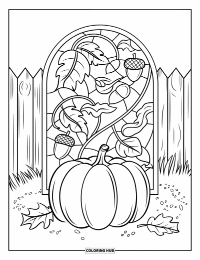 Coloriage orange pour adultes : Une citrouille repose sur le sol entourée de feuilles tourbillonnantes en vitrail
