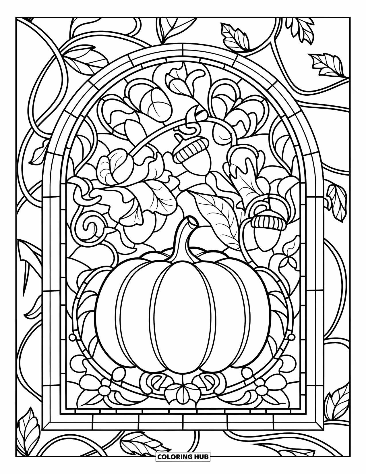Orange Coloring Page for Adults: A pumpkin sits at the center of swirling stained glass vines and leaves