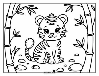 Coloriage orange pour adultes : Un bébé tigre assis se repose paisiblement parmi de douces feuilles de bambou et des rochers lisses