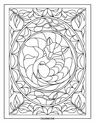 Coloriage orange pour adultes : Un renard endormi au cœur d'un motif de feuilles et de brindilles en vitrail