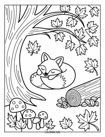 Coloriage orange pour adultes : Un petit renard dort sous un érable avec des feuilles d'automne et de minuscules champignons