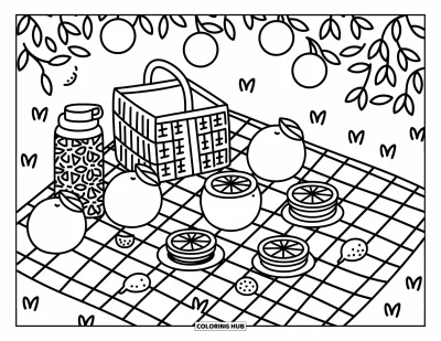 Coloriage orange pour adultes : Une scène de pique-nique ensoleillée avec des oranges, des assiettes et de jolis filets de brise