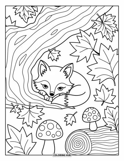 Coloriage orange pour adultes : Un petit renard fait une sieste sous un grand érable entouré de feuilles d'automne