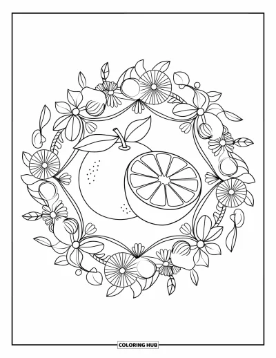 Coloriage orange pour adultes : Une orange entière et une tranche entourées de fleurs d'agrumes et de vrilles tourbillonnantes