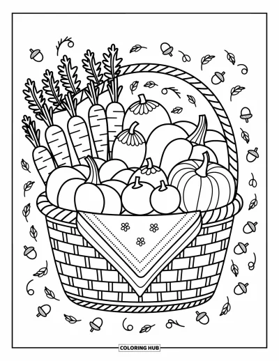 Coloriage orange pour adultes : Un panier d'automne contient des légumes chaleureux et de petits détails amusants