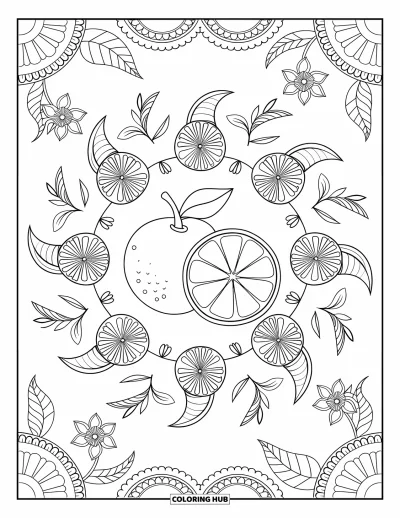 Coloriage orange pour adultes : Une orange et une tranche d'orange reposent dans un mandala de vrilles et de fleurs d'agrumes