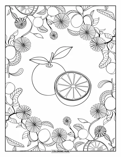Coloriage orange pour adultes : Des fleurs et des vrilles d'agrumes forment un mandala autour d'une orange entière et d'une tranche