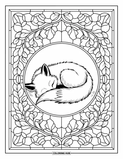 Coloriage orange pour adultes : Roulé en boule dans la sérénité, un renard est cerné de feuilles d'automne en vitrail