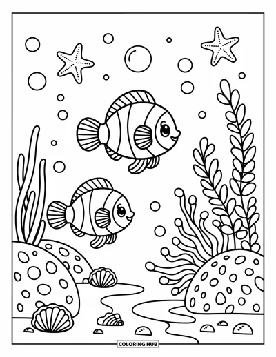 Coloriage orange pour adultes : De mignons poissons clowns glissent près des coraux, des bulles et de joyeux détails océaniques