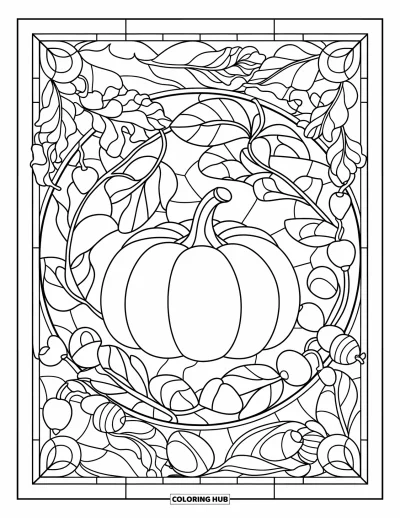 Coloriage orange pour adultes : Des feuilles d'automne et des fleurs entourent une citrouille dans un motif de vitrail