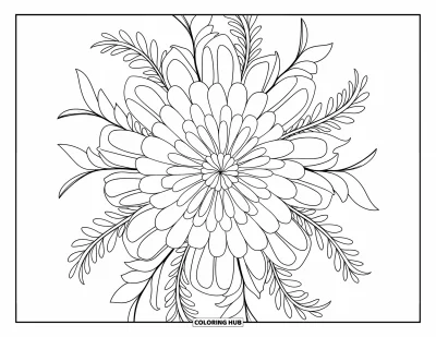 Coloriage orange pour adultes : Des pétales et des feuilles façon mandala entourent une fleur de souci centrale