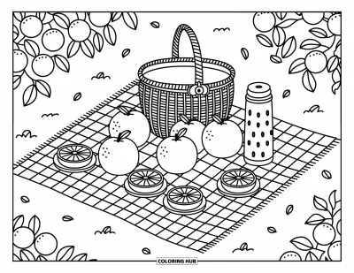Coloriage orange pour adultes : Des oranges et des gourmandises de pique-nique nichées sous des orangers et des pétales tourbillonnants