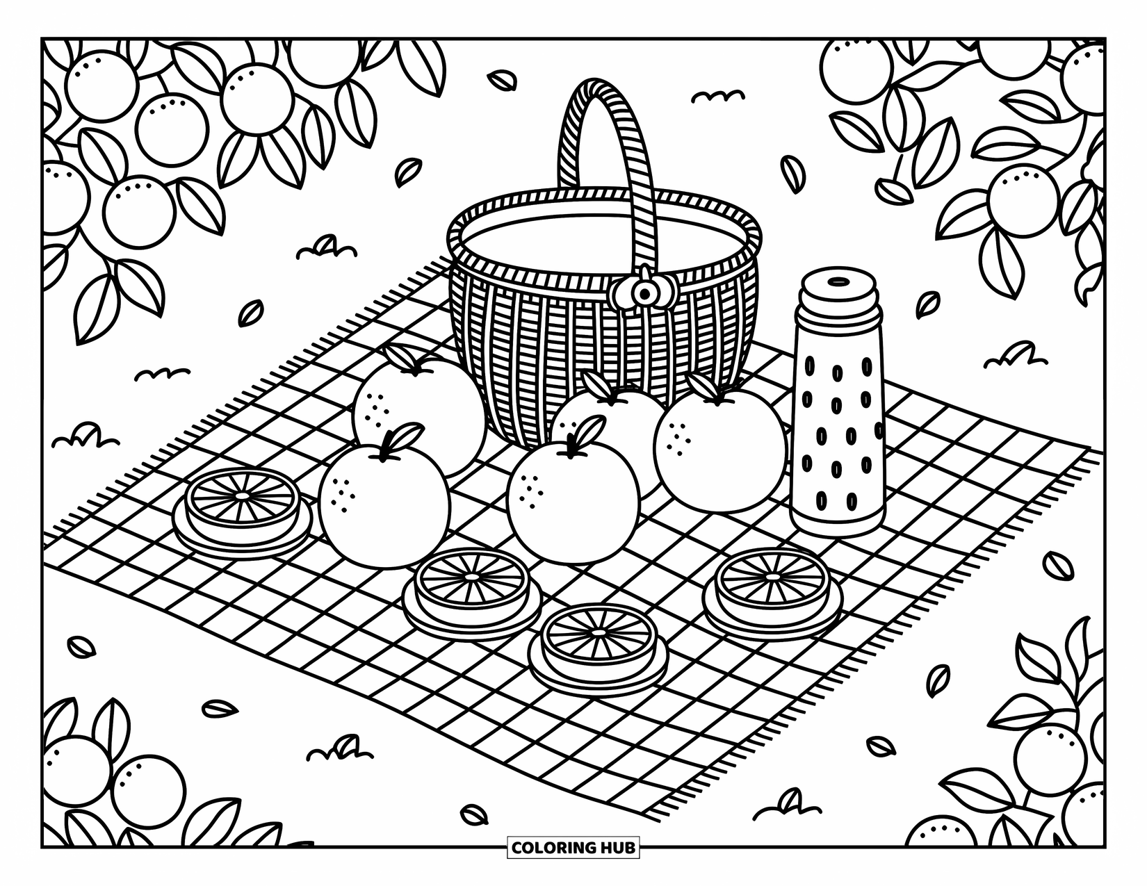 Orange Coloring Page for Adults: Oranges and picnic snacks cozy up beneath orange trees and swirling petals