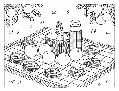 Coloriage orange pour adultes : Des oranges et des friandises reposent sur une nappe de pique-nique sous des arbres chargés de fruits