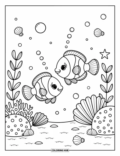 Coloriage orange pour adultes : De joyeux poissons clowns explorent des coraux, des coquillages et des plantes marines ondulantes