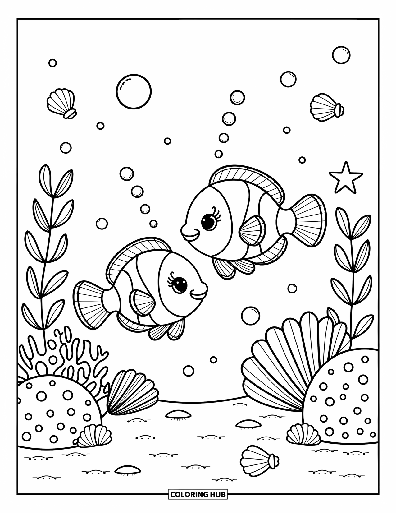 Orange Coloring Page for Adults: Playful clownfish explore coral, seashells, and swaying sea plants