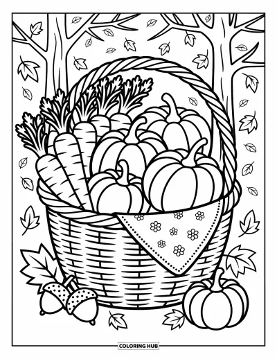 Coloriage orange pour adultes : Des citrouilles, des carottes et bien plus encore remplissent un panier tressé avec des feuilles qui s'enroulent