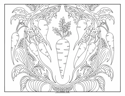 Coloriage orange pour adultes : Des légumes-racines et des vrilles florales forment un mandala autour d'une seule carotte