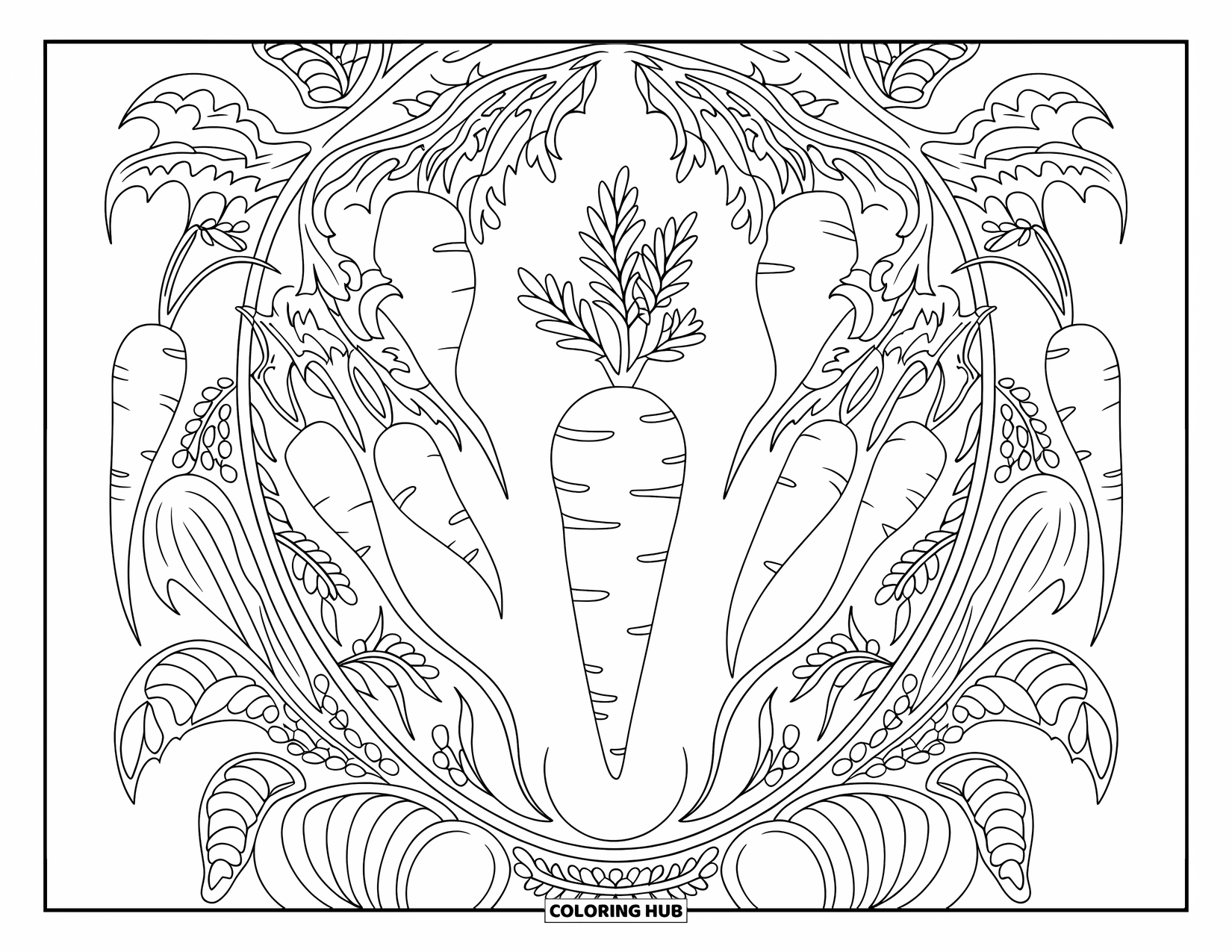 Orange Coloring Page for Adults: Root veggies and floral vines form a mandala around a single carrot
