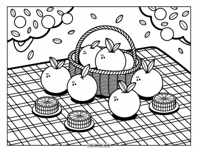 Coloriage orange pour adultes : Des tranches d'orange, un panier et un thermos posés sur une nappe vichy de pique-nique