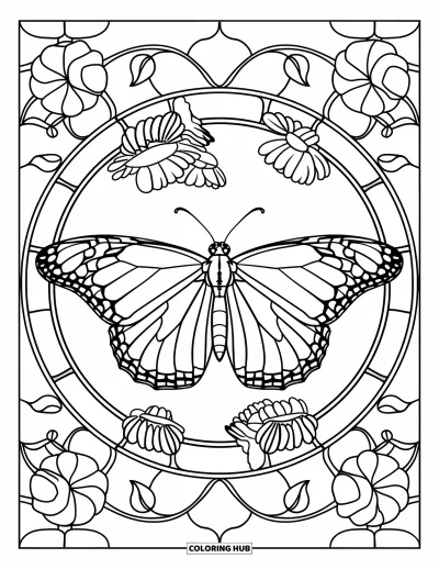 Coloriage orange pour adultes : Des pétales en vitrail et des vrilles courbées encadrent un monarque