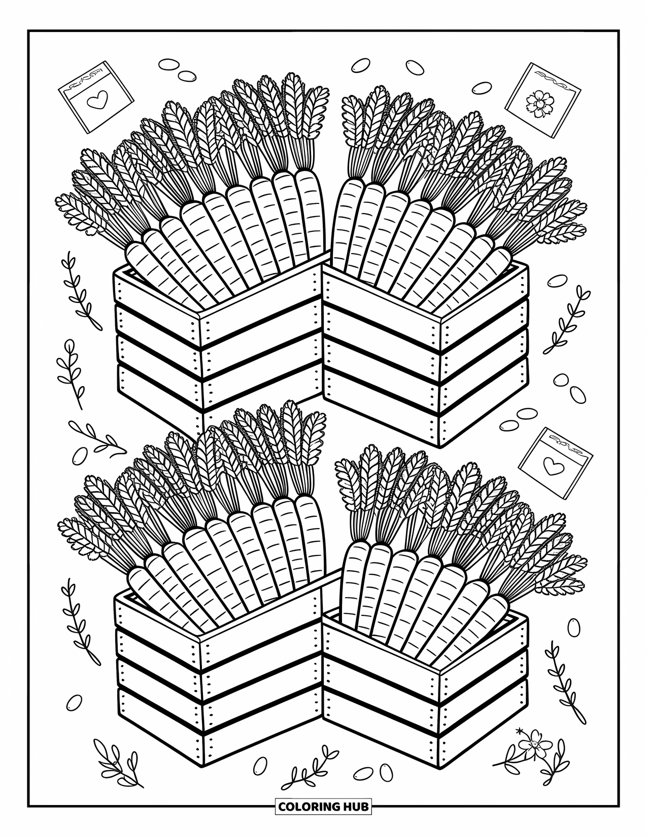 Orange Coloring Page for Adults: Twine-wrapped carrots fill crates surrounded by flowers, seeds, and a tiny leaf sign