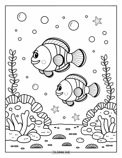 Coloriage orange pour adultes : Deux poissons clowns nagent parmi les coraux, les anémones de mer et des bulles flottantes