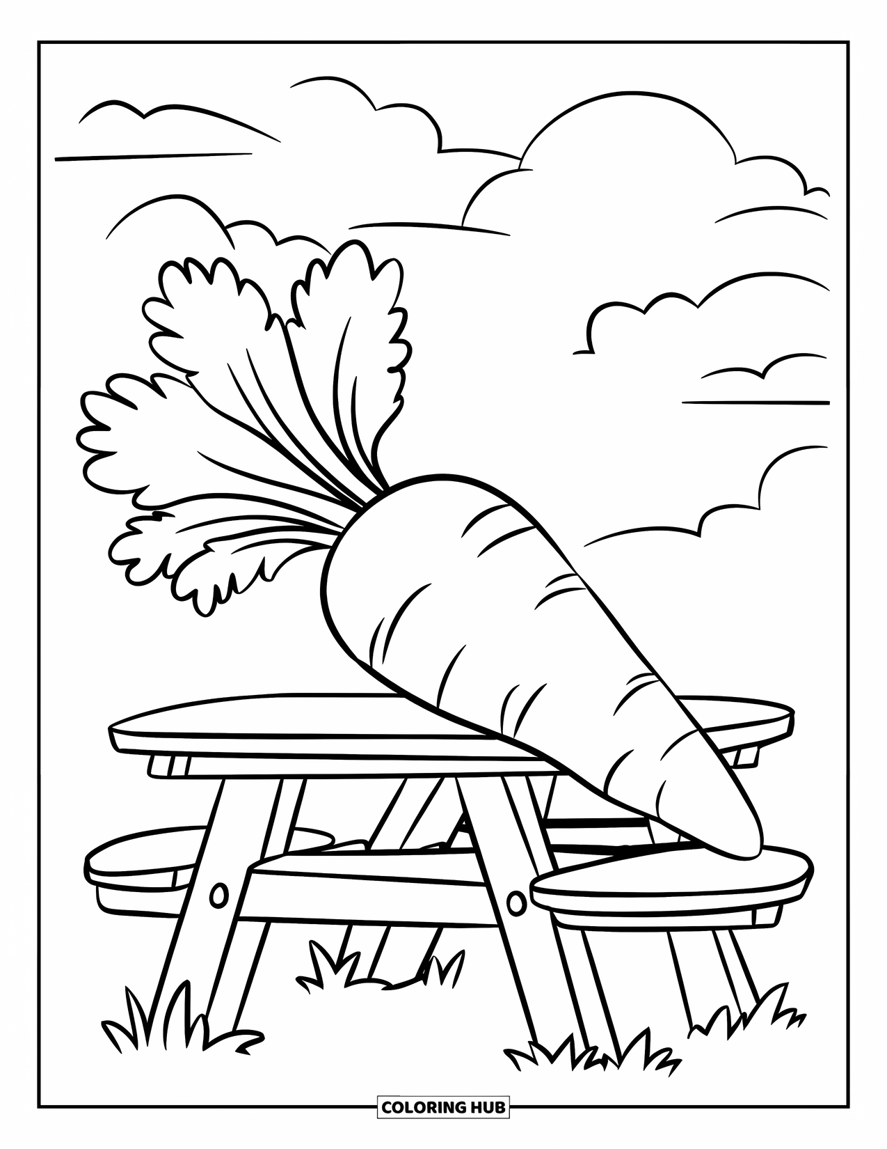Orange Coloring Page for Kids: A big carrot with leafy greens rests on a picnic table under fluffy clouds