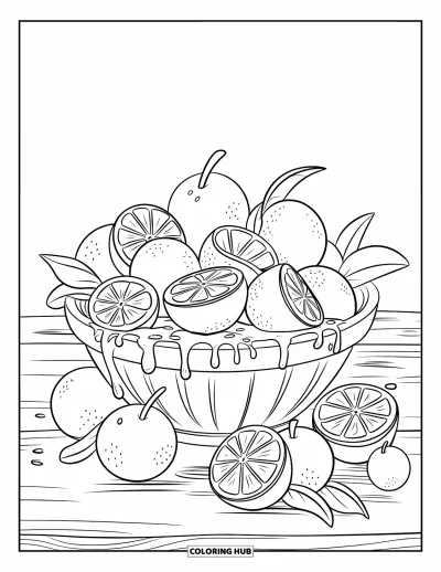Coloriage orange pour enfants : Un bol d'oranges et de tranches posé sur une table en bois avec des feuilles