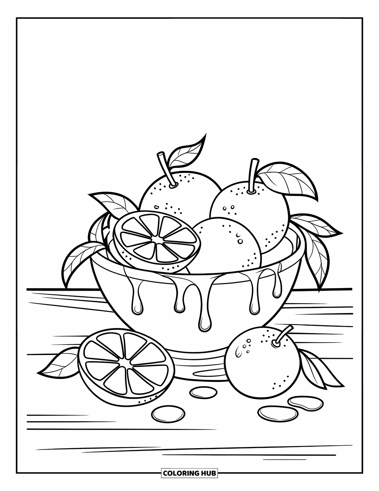 Orange Coloring Page for Kids: A bowl of oranges with slices and juice drops sits on wood