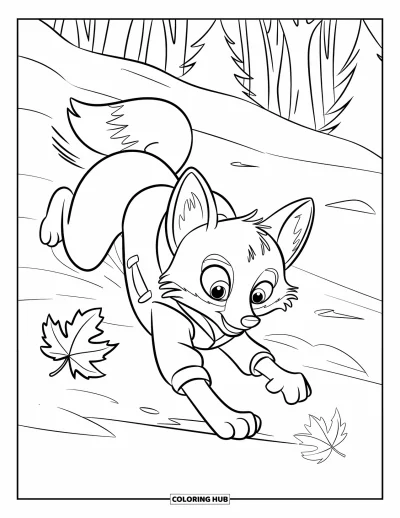 Coloriage orange pour enfants : Un renard bien emmitouflé court après une feuille dans une forêt enneigée