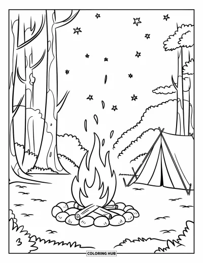 Coloriage orange pour enfants : Un feu de camp brûle dans les bois près d'une tente et de feuilles éparpillées